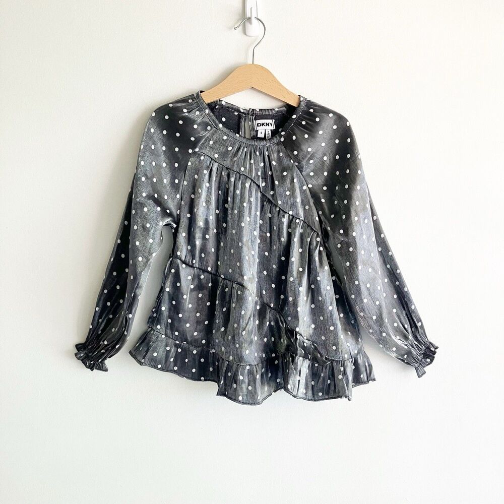 DKNY Girls Sz 5 Polka Dot Blouse Asymmetric Long Sleeve Tiered Ruffle Shimmery